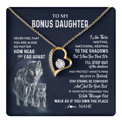 Forever Love Necklace 18K Yellow Gold Finish | 1 | Personalized To My Bonus Daughter Necklace From Stepmom Stepdad Never Feel You Are Alone Wolf Stepdaughter Birthday Christmas Customized Gift Box Message Card | teecentury