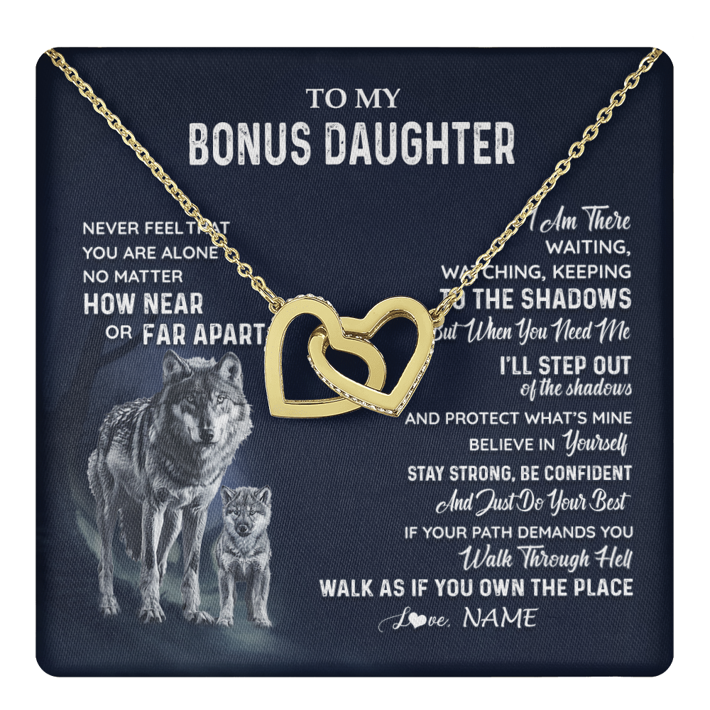 Interlocking Hearts Necklace 18K Yellow Gold Finish | 1 | Personalized To My Bonus Daughter Necklace From Stepmom Stepdad Never Feel You Are Alone Wolf Stepdaughter Birthday Christmas Customized Gift Box Message Card | teecentury