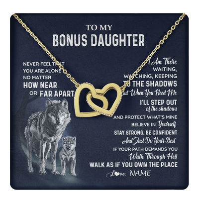 Interlocking Hearts Necklace 18K Yellow Gold Finish | 1 | Personalized To My Bonus Daughter Necklace From Stepmom Stepdad Never Feel You Are Alone Wolf Stepdaughter Birthday Christmas Customized Gift Box Message Card | teecentury