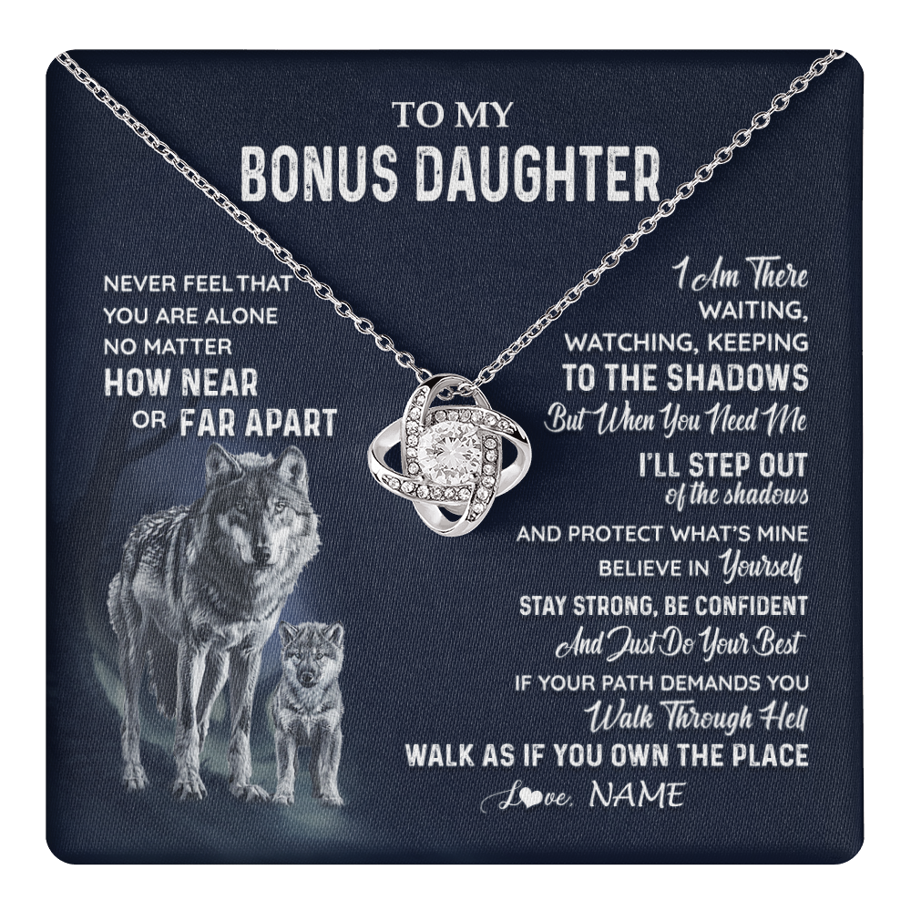 Love Knot Necklace 14K White Gold Finish | 1 | Personalized To My Bonus Daughter Necklace From Stepmom Stepdad Never Feel You Are Alone Wolf Stepdaughter Birthday Christmas Customized Gift Box Message Card | teecentury