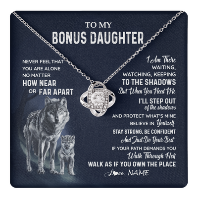 Love Knot Necklace 14K White Gold Finish | 1 | Personalized To My Bonus Daughter Necklace From Stepmom Stepdad Never Feel You Are Alone Wolf Stepdaughter Birthday Christmas Customized Gift Box Message Card | teecentury