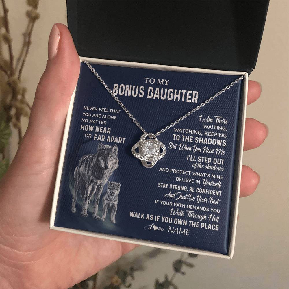 Love Knot Necklace 14K White Gold Finish | 2 | Personalized To My Bonus Daughter Necklace From Stepmom Stepdad Never Feel You Are Alone Wolf Stepdaughter Birthday Christmas Customized Gift Box Message Card | teecentury