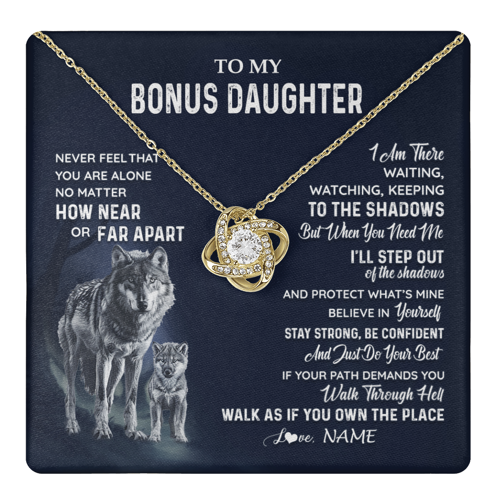 Love Knot Necklace 18K Yellow Gold Finish | 1 | Personalized To My Bonus Daughter Necklace From Stepmom Stepdad Never Feel You Are Alone Wolf Stepdaughter Birthday Christmas Customized Gift Box Message Card | teecentury