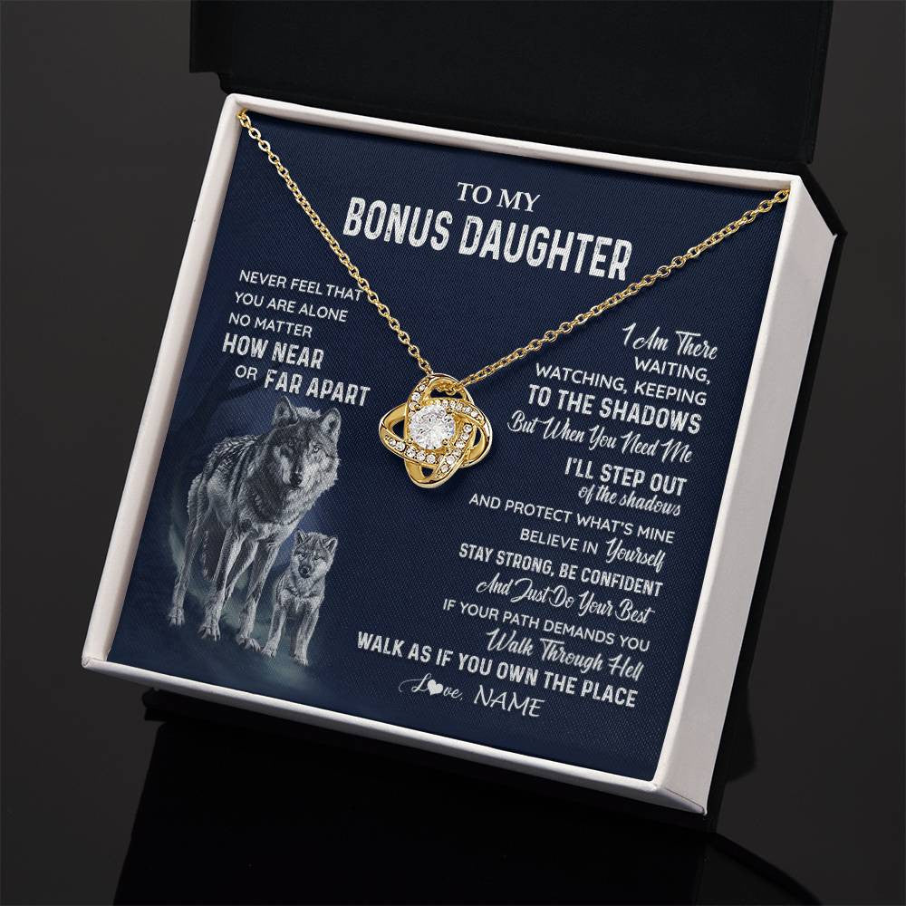 Love Knot Necklace 18K Yellow Gold Finish | 2 | Personalized To My Bonus Daughter Necklace From Stepmom Stepdad Never Feel You Are Alone Wolf Stepdaughter Birthday Christmas Customized Gift Box Message Card | teecentury