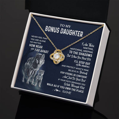 Love Knot Necklace 18K Yellow Gold Finish | 2 | Personalized To My Bonus Daughter Necklace From Stepmom Stepdad Never Feel You Are Alone Wolf Stepdaughter Birthday Christmas Customized Gift Box Message Card | teecentury