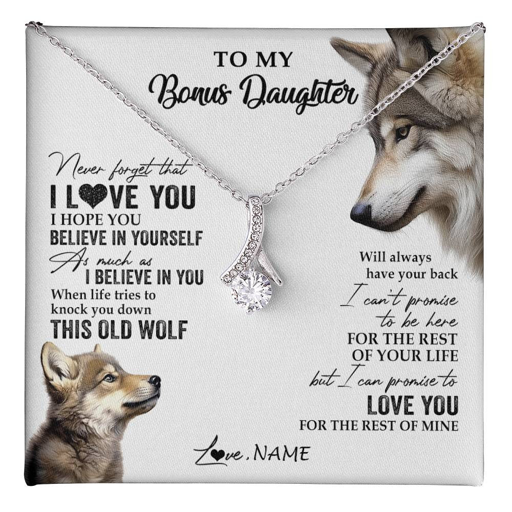 Alluring Beauty Necklace 14K White Gold Finish | 1 | Personalized To My Bonus Daughter Necklace From Stepmom Stepdad This Old Wolf Love You Stepdaughter Birthday Christmas Customized Gift Box Message Card | teecentury