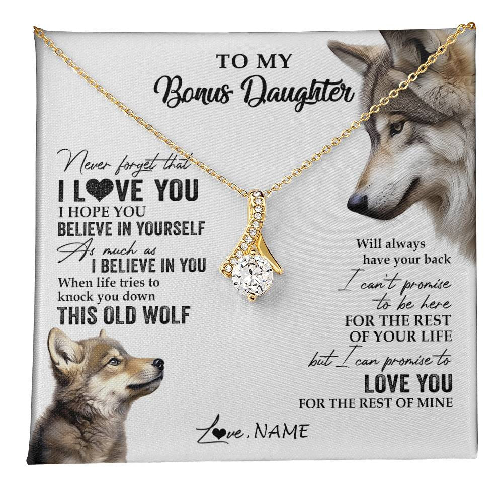 Alluring Beauty Necklace 18K Yellow Gold Finish | 1 | Personalized To My Bonus Daughter Necklace From Stepmom Stepdad This Old Wolf Love You Stepdaughter Birthday Christmas Customized Gift Box Message Card | teecentury