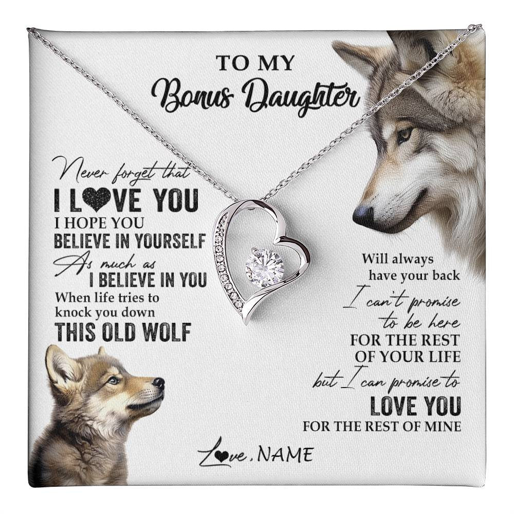 Forever Love Necklace 14K White Gold Finish | 1 | Personalized To My Bonus Daughter Necklace From Stepmom Stepdad This Old Wolf Love You Stepdaughter Birthday Christmas Customized Gift Box Message Card | teecentury