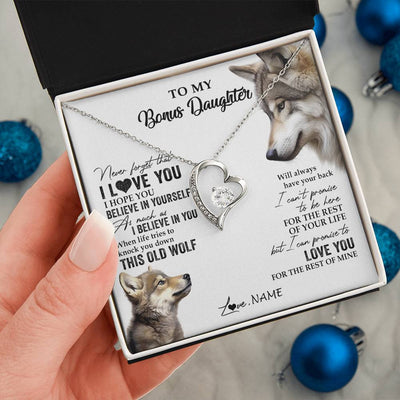 Forever Love Necklace 14K White Gold Finish | 2 | Personalized To My Bonus Daughter Necklace From Stepmom Stepdad This Old Wolf Love You Stepdaughter Birthday Christmas Customized Gift Box Message Card | teecentury