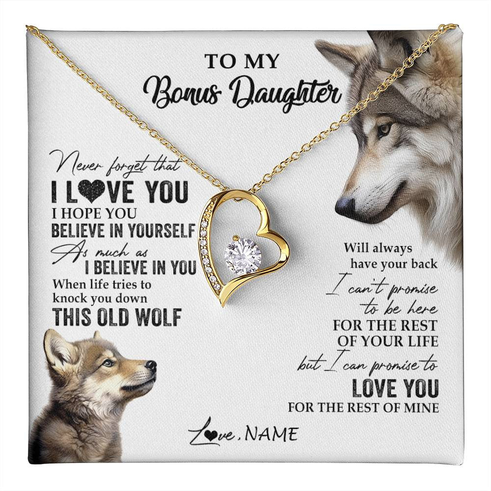 Forever Love Necklace 18K Yellow Gold Finish | 1 | Personalized To My Bonus Daughter Necklace From Stepmom Stepdad This Old Wolf Love You Stepdaughter Birthday Christmas Customized Gift Box Message Card | teecentury