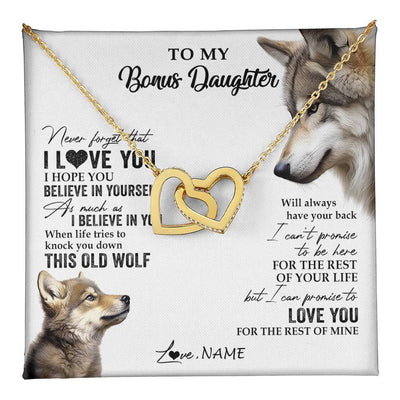 Interlocking Hearts Necklace 18K Yellow Gold Finish | 1 | Personalized To My Bonus Daughter Necklace From Stepmom Stepdad This Old Wolf Love You Stepdaughter Birthday Christmas Customized Gift Box Message Card | teecentury