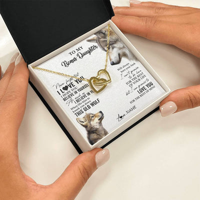 Interlocking Hearts Necklace 18K Yellow Gold Finish | 2 | Personalized To My Bonus Daughter Necklace From Stepmom Stepdad This Old Wolf Love You Stepdaughter Birthday Christmas Customized Gift Box Message Card | teecentury
