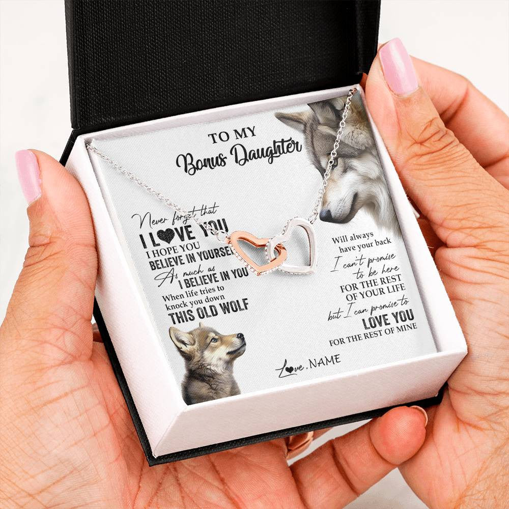 Interlocking Hearts Necklace Stainless Steel & Rose Gold Finish | 2 | Personalized To My Bonus Daughter Necklace From Stepmom Stepdad This Old Wolf Love You Stepdaughter Birthday Christmas Customized Gift Box Message Card | teecentury