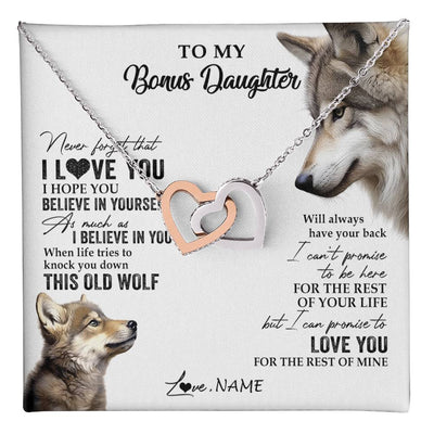 Interlocking Hearts Necklace Stainless Steel & Rose Gold Finish | 1 | Personalized To My Bonus Daughter Necklace From Stepmom Stepdad This Old Wolf Love You Stepdaughter Birthday Christmas Customized Gift Box Message Card | teecentury