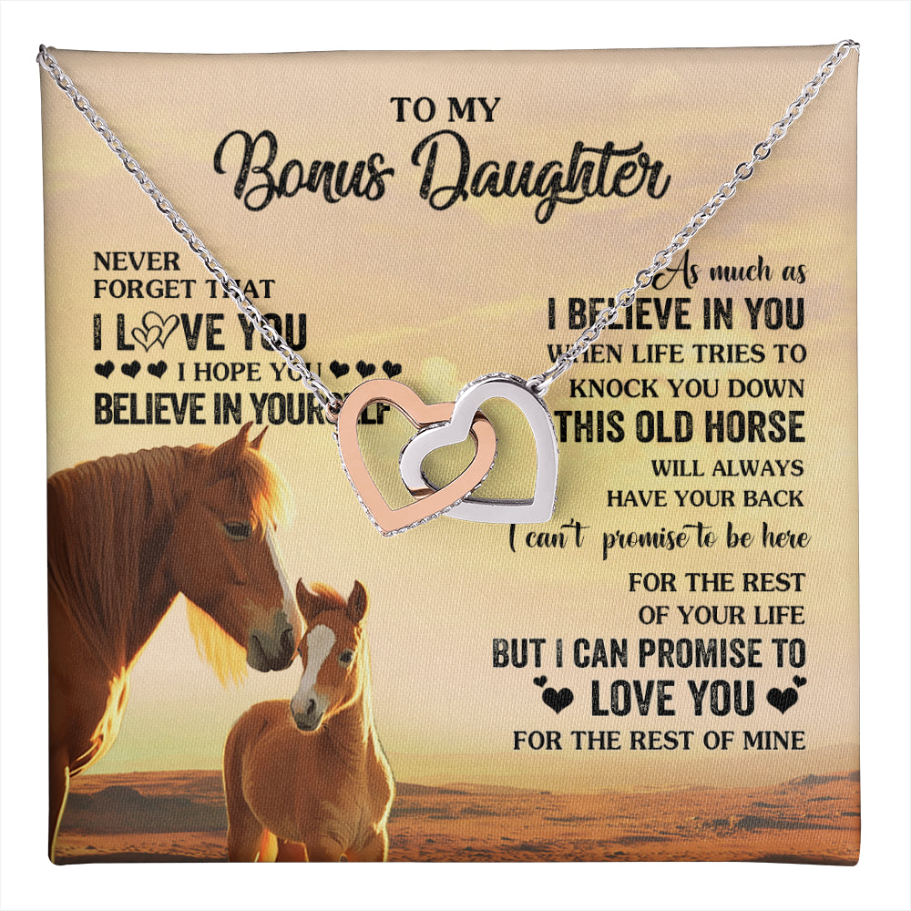 Interlocking Hearts Necklace Stainless Steel & Rose Gold Finish | 1 | Personalized To My Bonus Daughter Necklace From Stepmom This Old Horse Love You Stepddaughter Birthday Jewelry Christmas Customized Gift Box Message Card | teecentury