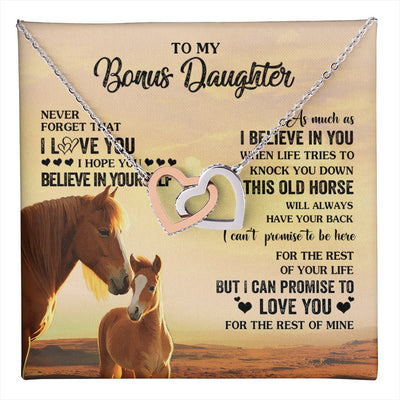 Interlocking Hearts Necklace Stainless Steel & Rose Gold Finish | 1 | Personalized To My Bonus Daughter Necklace From Stepmom This Old Horse Love You Stepddaughter Birthday Jewelry Christmas Customized Gift Box Message Card | teecentury