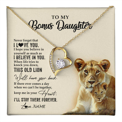 Forever Love Necklace 18K Yellow Gold Finish | 1 | Personalized To My Bonus Daughter Necklace From Stepmom This Old Lion Never Forget I Love You Stepdaughter Birthday Christmas Customized Gift Box Message Card | teecentury