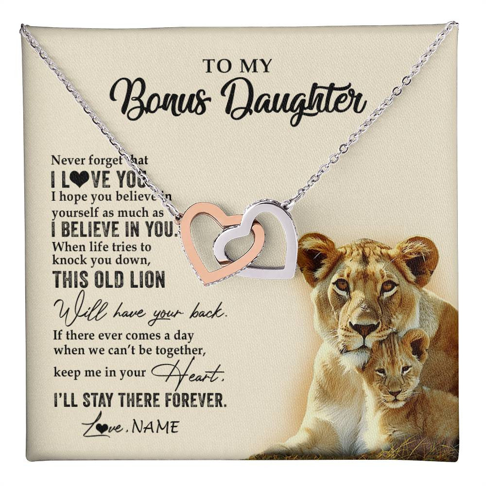 Interlocking Hearts Necklace Stainless Steel & Rose Gold Finish | 1 | Personalized To My Bonus Daughter Necklace From Stepmom This Old Lion Never Forget I Love You Stepdaughter Birthday Christmas Customized Gift Box Message Card | teecentury