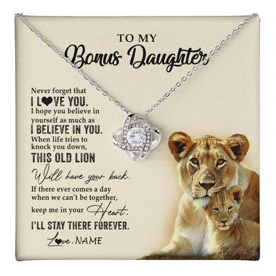 Love Knot Necklace 14K White Gold Finish | 1 | Personalized To My Bonus Daughter Necklace From Stepmom This Old Lion Never Forget I Love You Stepdaughter Birthday Christmas Customized Gift Box Message Card | teecentury