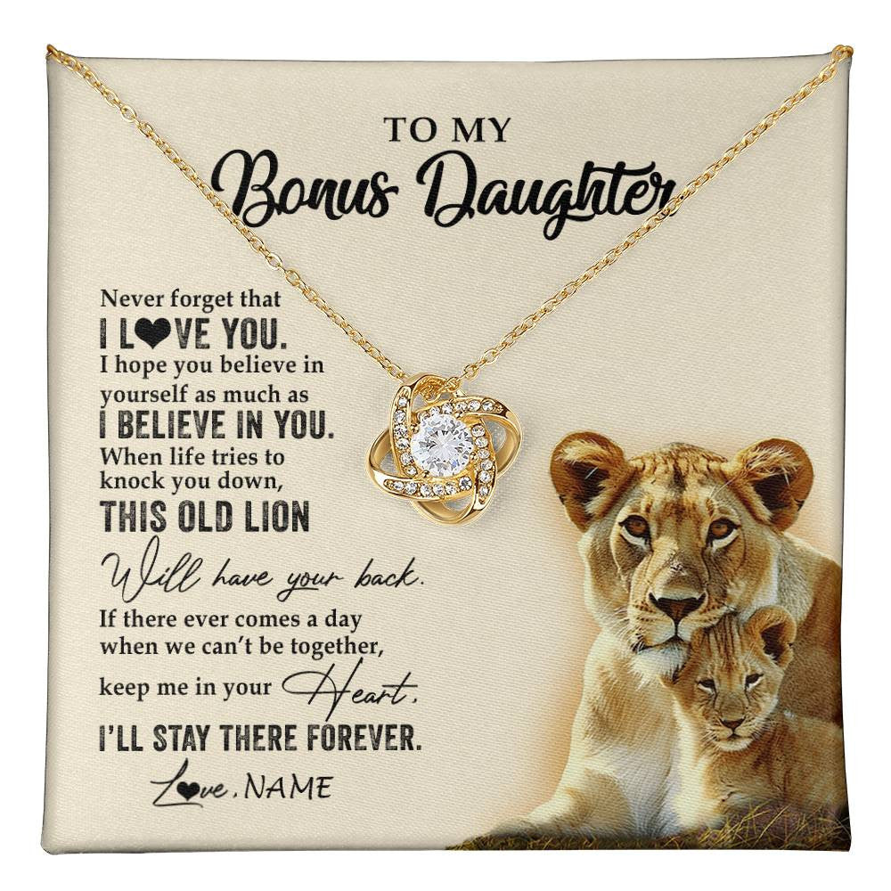 Love Knot Necklace 18K Yellow Gold Finish | 1 | Personalized To My Bonus Daughter Necklace From Stepmom This Old Lion Never Forget I Love You Stepdaughter Birthday Christmas Customized Gift Box Message Card | teecentury