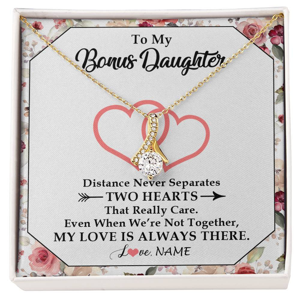 Alluring Beauty Necklace 18K Yellow Gold Finish | 1 | Personalized To My Bonus Daughter Necklace From Stepmom Two Hearts Together Stepdaughter Birthday Christmas Customized Gift Box Message Card | teecentury