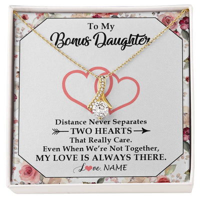 Alluring Beauty Necklace 18K Yellow Gold Finish | 1 | Personalized To My Bonus Daughter Necklace From Stepmom Two Hearts Together Stepdaughter Birthday Christmas Customized Gift Box Message Card | teecentury