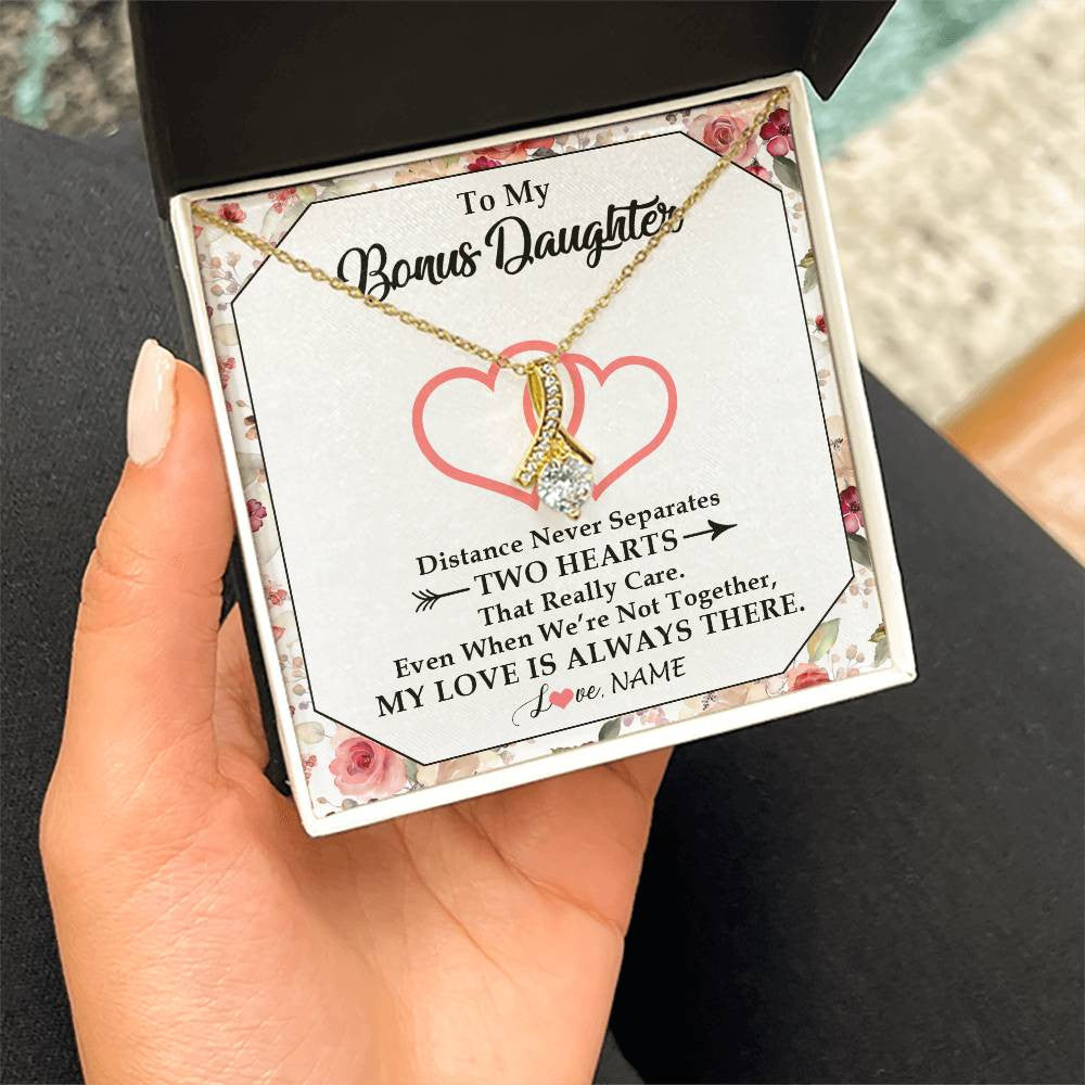 Alluring Beauty Necklace 18K Yellow Gold Finish | 2 | Personalized To My Bonus Daughter Necklace From Stepmom Two Hearts Together Stepdaughter Birthday Christmas Customized Gift Box Message Card | teecentury
