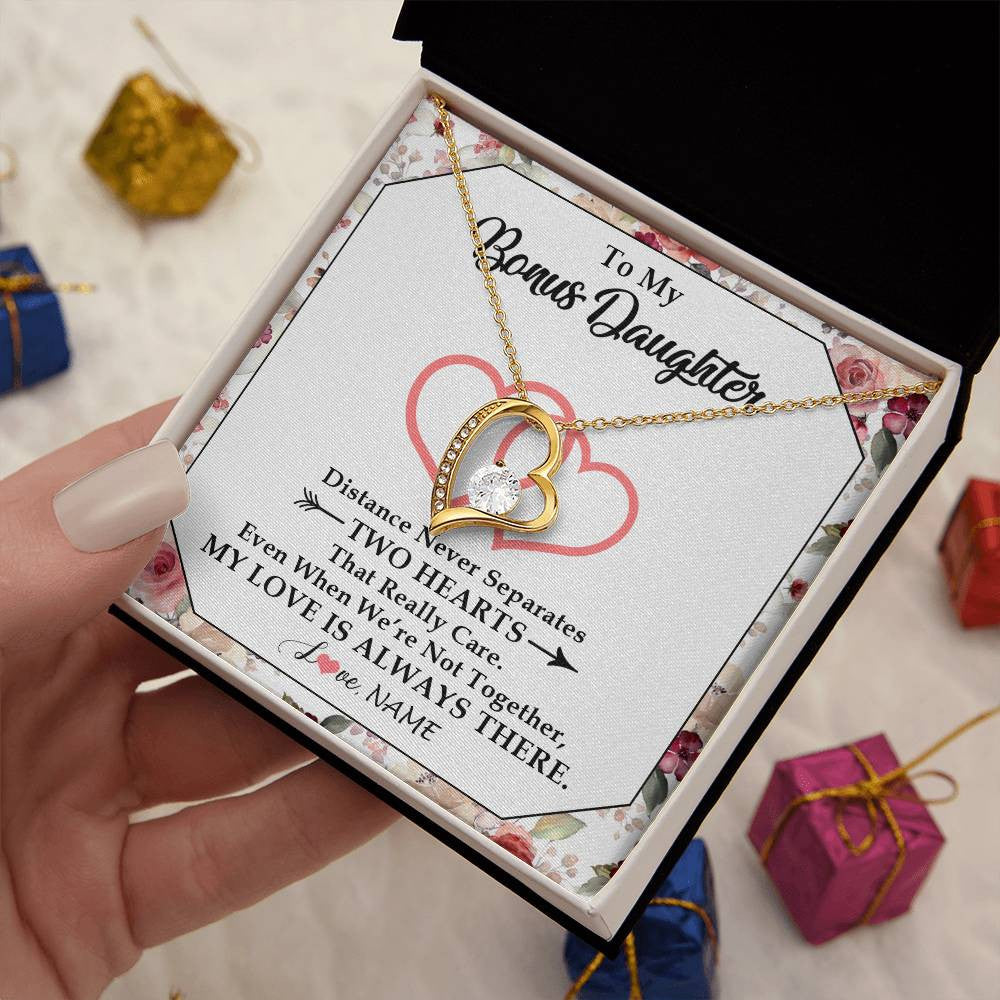 Forever Love Necklace 18K Yellow Gold Finish | 2 | Personalized To My Bonus Daughter Necklace From Stepmom Two Hearts Together Stepdaughter Birthday Christmas Customized Gift Box Message Card | teecentury