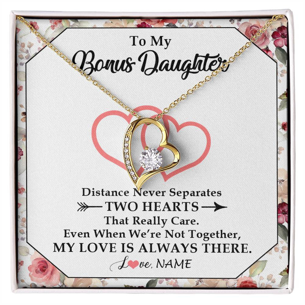 Forever Love Necklace 18K Yellow Gold Finish | 1 | Personalized To My Bonus Daughter Necklace From Stepmom Two Hearts Together Stepdaughter Birthday Christmas Customized Gift Box Message Card | teecentury