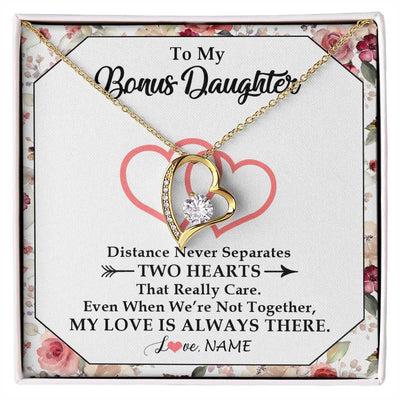 Forever Love Necklace 18K Yellow Gold Finish | 1 | Personalized To My Bonus Daughter Necklace From Stepmom Two Hearts Together Stepdaughter Birthday Christmas Customized Gift Box Message Card | teecentury