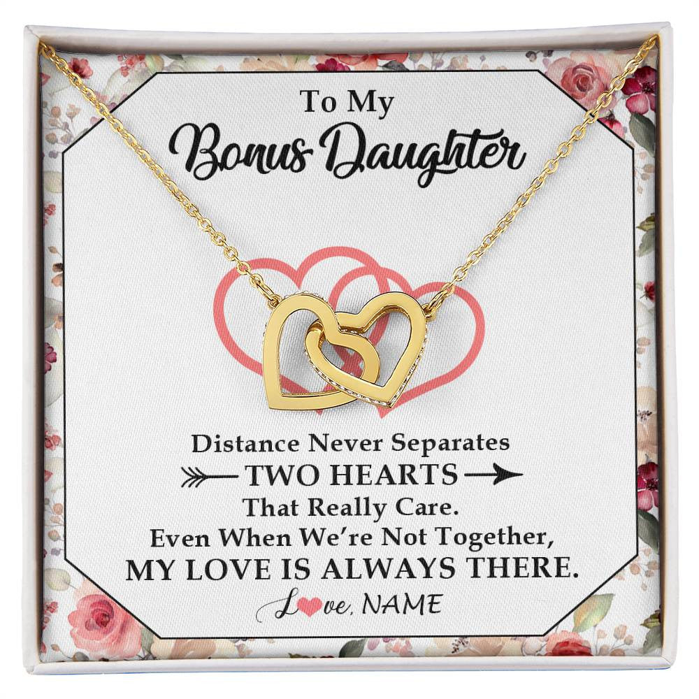 Interlocking Hearts Necklace 18K Yellow Gold Finish | 1 | Personalized To My Bonus Daughter Necklace From Stepmom Two Hearts Together Stepdaughter Birthday Christmas Customized Gift Box Message Card | teecentury