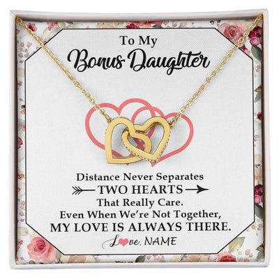 Interlocking Hearts Necklace 18K Yellow Gold Finish | 1 | Personalized To My Bonus Daughter Necklace From Stepmom Two Hearts Together Stepdaughter Birthday Christmas Customized Gift Box Message Card | teecentury