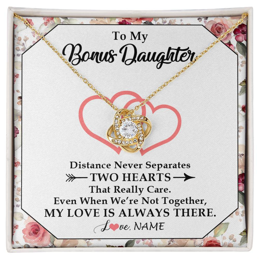 Love Knot Necklace 18K Yellow Gold Finish | 1 | Personalized To My Bonus Daughter Necklace From Stepmom Two Hearts Together Stepdaughter Birthday Christmas Customized Gift Box Message Card | teecentury