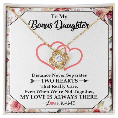 Love Knot Necklace 18K Yellow Gold Finish | 1 | Personalized To My Bonus Daughter Necklace From Stepmom Two Hearts Together Stepdaughter Birthday Christmas Customized Gift Box Message Card | teecentury