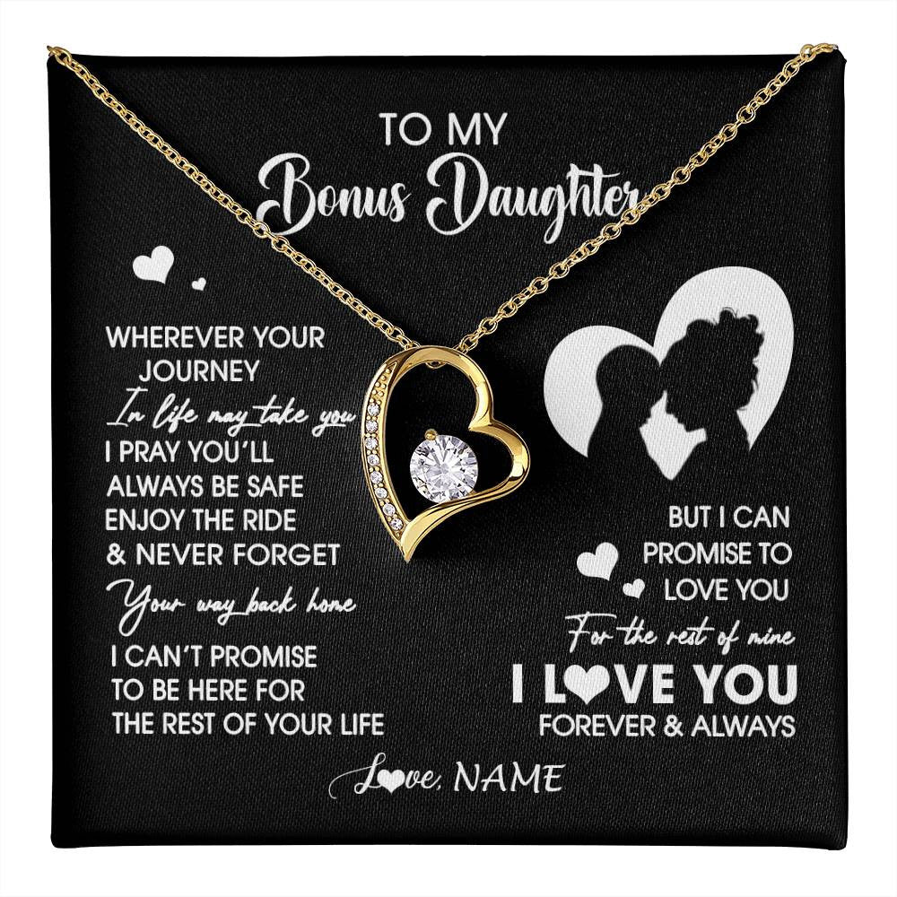 Forever Love Necklace 18K Yellow Gold Finish | 1 | Personalized To My Bonus Daughter Necklace From Stepmom Wherever Your Journey Stepdaughter Birthday Gifts Graduation Christmas Customized Gift Box Message Card | teecentury