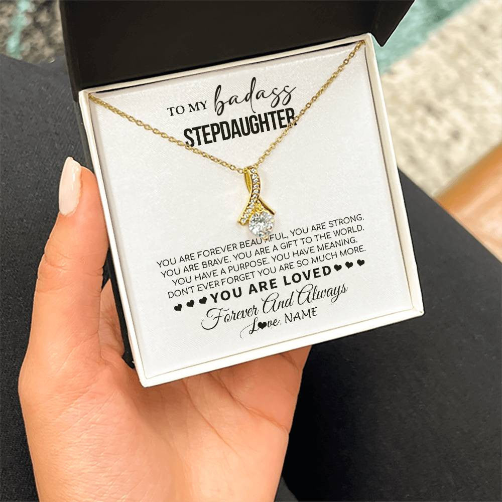 Alluring Beauty Necklace 18K Yellow Gold Finish | 2 | Personalized To My Bonus Daughter Necklace From Stepmom You Are Forever Beautiful Stepdaughter Birthday Graduation Christmas Customized Gift Box Message Card | teecentury