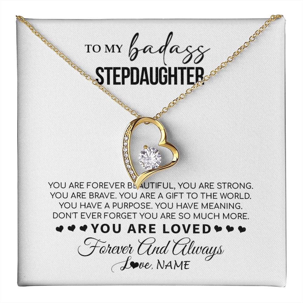 Forever Love Necklace 18K Yellow Gold Finish | 1 | Personalized To My Bonus Daughter Necklace From Stepmom You Are Forever Beautiful Stepdaughter Birthday Graduation Christmas Customized Gift Box Message Card | teecentury