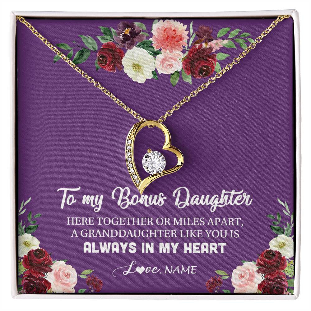Forever Love Necklace 18K Yellow Gold Finish | Personalized To My Bonus Daughter Necklace From Stepmom You Is Always In My Heart Stepdaughter Birthday Christmas Customized Gift Box Message Card | teecentury
