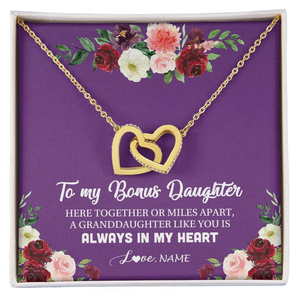 Interlocking Hearts Necklace 18K Yellow Gold Finish | Personalized To My Bonus Daughter Necklace From Stepmom You Is Always In My Heart Stepdaughter Birthday Christmas Customized Gift Box Message Card | teecentury