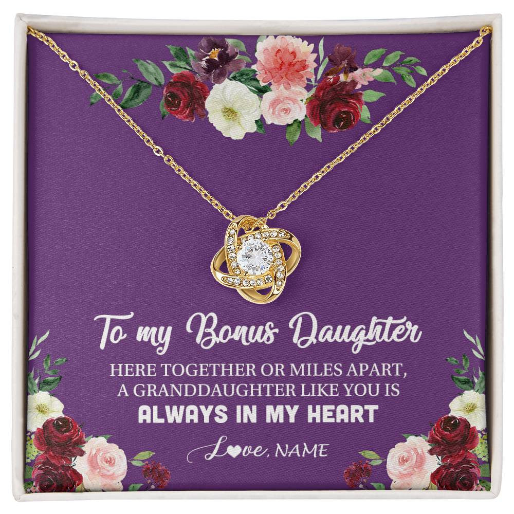 Love Knot Necklace 18K Yellow Gold Finish | Personalized To My Bonus Daughter Necklace From Stepmom You Is Always In My Heart Stepdaughter Birthday Christmas Customized Gift Box Message Card | teecentury