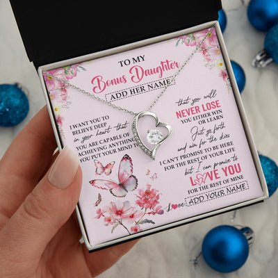Forever Love Necklace 14K White Gold Finish | 2 | Personalized To My Bonus Daughter Necklace From Stepmom You Will Never Lose Butterfly Stepdaughter Birthday Gifts Graduation Christmas Gift Box Message Card | teecentury
