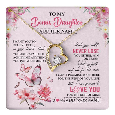 Forever Love Necklace 18K Yellow Gold Finish | 1 | Personalized To My Bonus Daughter Necklace From Stepmom You Will Never Lose Butterfly Stepdaughter Birthday Gifts Graduation Christmas Gift Box Message Card | teecentury