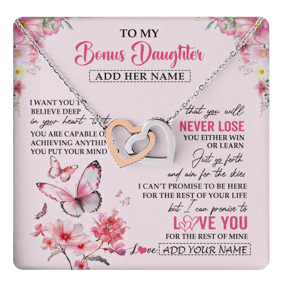 Interlocking Hearts Necklace Stainless Steel & Rose Gold Finish | 1 | Personalized To My Bonus Daughter Necklace From Stepmom You Will Never Lose Butterfly Stepdaughter Birthday Gifts Graduation Christmas Gift Box Message Card | teecentury