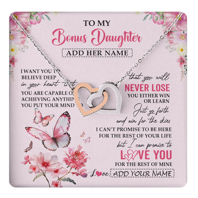 Interlocking Hearts Necklace Stainless Steel & Rose Gold Finish | 1 | Personalized To My Bonus Daughter Necklace From Stepmom You Will Never Lose Butterfly Stepdaughter Birthday Gifts Graduation Christmas Gift Box Message Card | teecentury