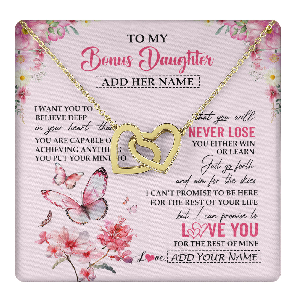 Interlocking Hearts Necklace 18K Yellow Gold Finish | 1 | Personalized To My Bonus Daughter Necklace From Stepmom You Will Never Lose Butterfly Stepdaughter Birthday Gifts Graduation Christmas Gift Box Message Card | teecentury