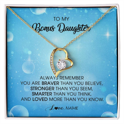 Forever Love Necklace 18K Yellow Gold Finish | Personalized To My Bonus Daughter Necklace From Stepmother Always Remember You Are Braver Stepdaughter Jewelry Birthday Christmas Customized Message Card | teecentury