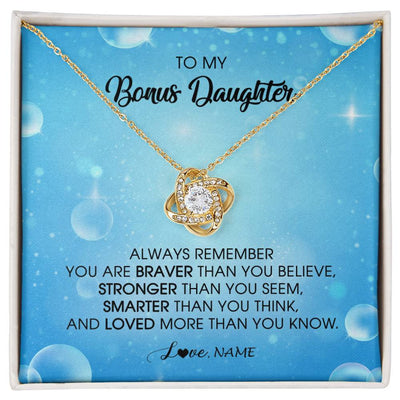 Love Knot Necklace 18K Yellow Gold Finish | Personalized To My Bonus Daughter Necklace From Stepmother Always Remember You Are Braver Stepdaughter Jewelry Birthday Christmas Customized Message Card | teecentury