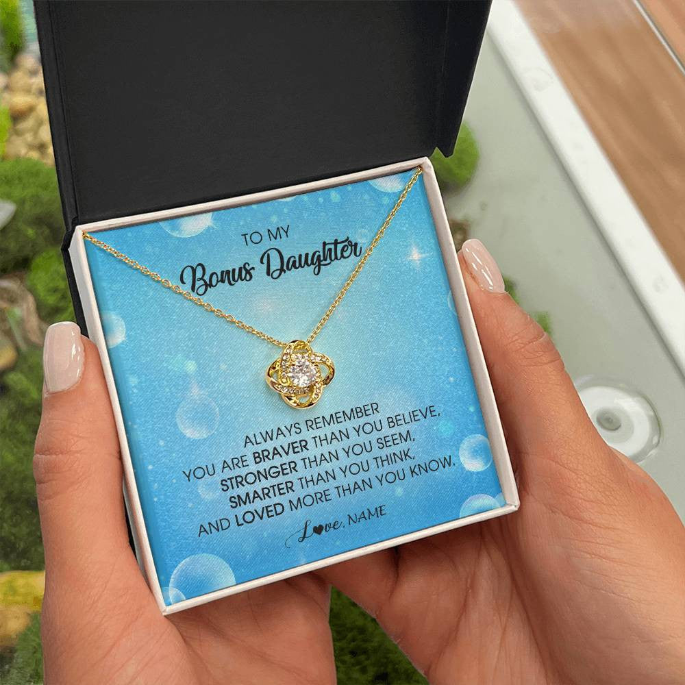 Love Knot Necklace 18K Yellow Gold Finish | Personalized To My Bonus Daughter Necklace From Stepmother Always Remember You Are Braver Stepdaughter Jewelry Birthday Christmas Customized Message Card | teecentury