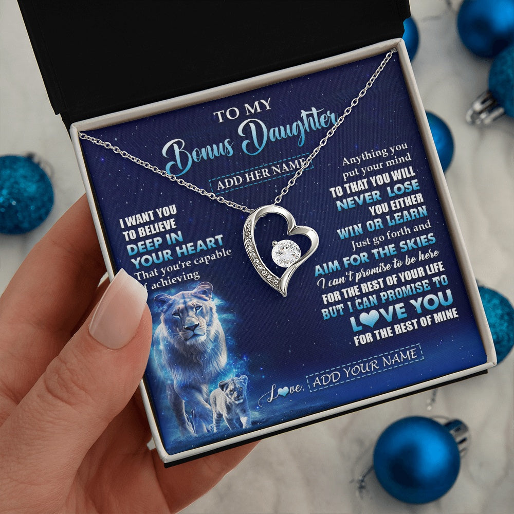 Forever Love Necklace 14K White Gold Finish | 2 | Personalized To My Bonus Daughter Necklace From Stepmother Believe Your Heart Stepdaughter Gift Birthday Graduation Christmas Customized Gift Box Message Card | teecentury.myshopify