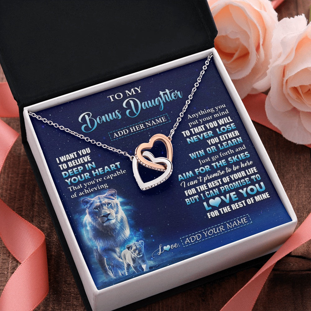 Interlocking Hearts Necklace Stainless Steel & Rose Gold Finish | 2 | Personalized To My Bonus Daughter Necklace From Stepmother Believe Your Heart Stepdaughter Gift Birthday Graduation Christmas Customized Gift Box Message Card | teecentury.myshopify